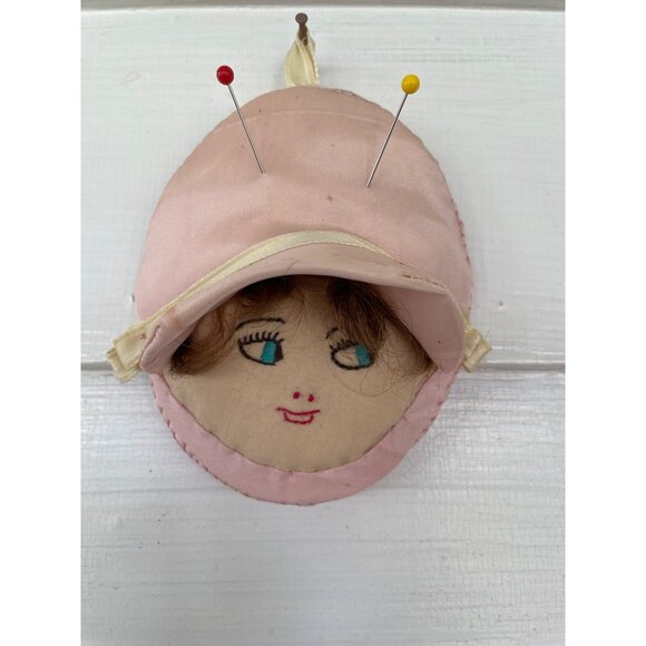 Antique 1930s Pincushion doll Face Embroidered  Silk Pink - Picture 6 of 15
